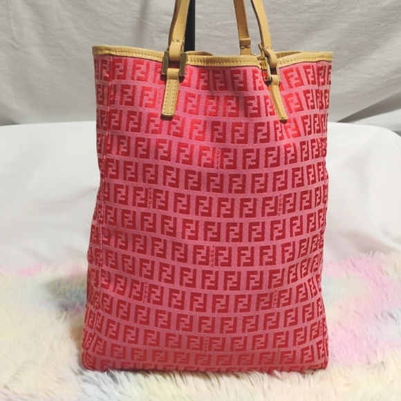 SALE! Authentic FENDI Vintage Zucchino Hand Bag Purse Canvas/Leather Pink/Red - Picture 3 of 14